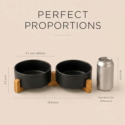 SPUNKYJUNKY Ceramic Dog and Cat Bowl Set with Wooden Stand, Modern Cute Weighted Food Water Set for Small Size Dogs (13.5OZ) & Medium Sized Dogs (28.7OZ) & Cats (1.7 Cups, 2 × Black) - Image 5