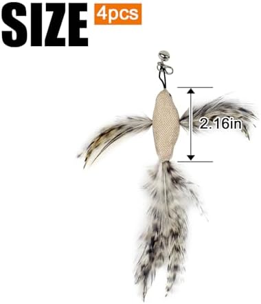 TTcat 4 Pack Linen Bird Cat Wand Refills, Natural Feather Detachable Replacement Toy Heads with Bell, Universal Lobster Clip-on Cat Teaser Attachments, Indoor Kitten Hunting Boredom Relief Prey Toy. - Image 2