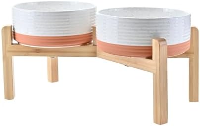 SPUNKYJUNKY Elevated Dog Bowls Ceramic, 7.3'' Dogs Food Water Bowls Raised with Non-Slip Bamboo Stand for Medium to Large Sized Breed Microwave Dishwasher Safe - 42 OZ,Pattern White by SPUNKYJUNKY