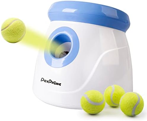 Pet Prime Automatic Dog Ball Thrower Launcher for Small and Medium Dogs, Interative Dog Fetch Machine with 3 Tennis Balls (2'') for Indoor/Outdoor Throwing Game Launch Distance 10-30ft by PetPrime