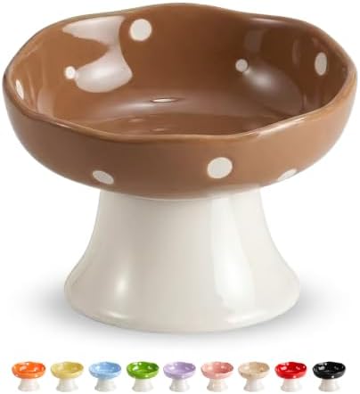 Brown Mushroom Cat Bowl, Elevated Ceramic Bowl for Cats by Trundisan