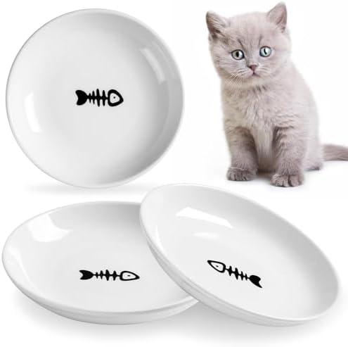 5.9 inch Ceramic Cat Bowls,Wide Shallow Dishes,Whisker-Friendly Plates,Food and Water Bowl for Indoor Cats,-10 oz,3 Pack by Wellbro