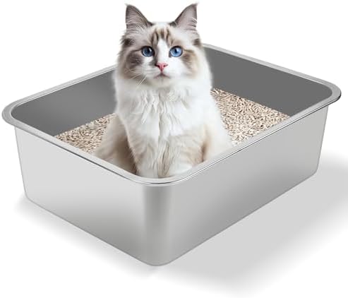 Stainless Steel Cat Litter Box - Metal High Sided Cat Pan, Large Stainless Steel Box, Indoor Litter Tray, Non Stick, No Smell, Easy-Clean Design for Hygienic Pet Care – Large Size for All Cats by GIUOIDUO
