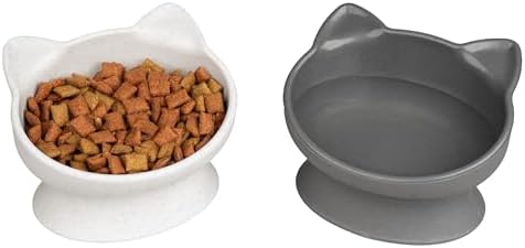 Kitty City Elevated Cat Bowls (Set of 2), Whisker-Friendly Raised Cat Food & Water Dishes, Modern Pedestal Design, Dishwasher Safe, 6.5 oz Each – White & Gray by KittyCity