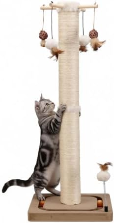 PEEKAB Cat Scratching Post for Indoor Adult Cats and Kittens,33 Inches Tall Large Sisal Scratch Post with Track Ball Toys,Cat Scratcher Toy Beige by PEEKAB