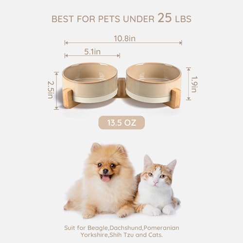 SPUNKYJUNKY Ceramic Dog and Cat Bowl Set with Wooden Stand, Modern Cute Weighted Food Water Bowl Set for Small Size Dogs (1.7 Cups, 2 × Pattern Brown) - Image 3