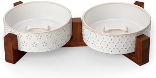 MALACASA Dog Bowl Set, Ceramic Bowls with Walnut Wood Stand, 2 Cups by MALACASA