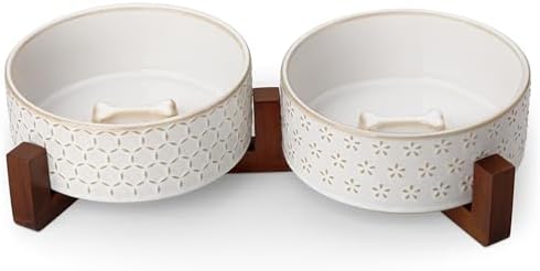 MALACASA Dog Bowl Set, Ceramic Bowls with Walnut Wood Stand, 4 Cups by MALACASA