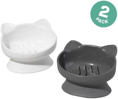 Kitty City Elevated Slow Feeder Cat Bowls (Set of 2), Whisker-Friendly Raised Cat Food Dishes with Ridges, Helps Reduce Fast Eating & Digestion Issues, Dishwasher Safe, 6.5 oz – White & Gray - Image 3