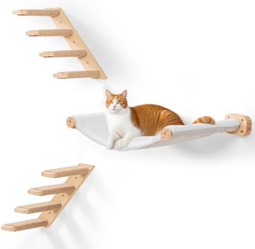 Cat Scraching Post Wall Shelves Set of 3 –1 Floating Fabric Hammock, 2 Cat Wall Ladders with 4 Steps EachWall Mounted Bed Furniture & Climber for Large Cats, Indoor Wall Playground by PELUOMOZ