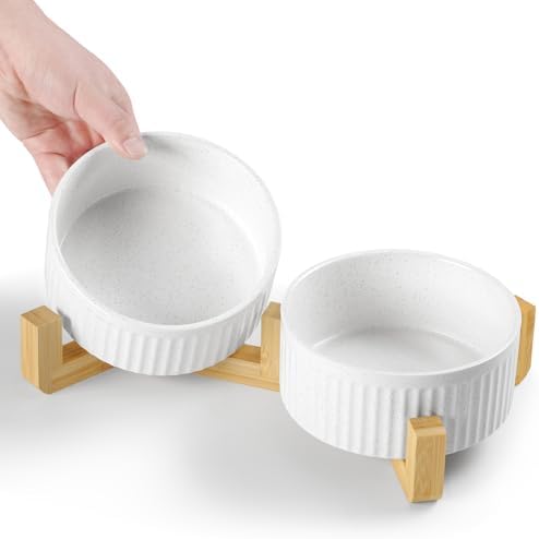 Non-Slip Ceramic Dog Bowls with Wood Stand,6" Dog Food and Water Bowl Set with Silicone Base, 32 OZ/4 Cups Weighted Flip-Proof Pet Feeding Bowl for Small Dogs and Cats (Medium,White) by Wellbro