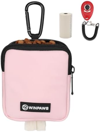 Dog Treat Pouch with Training Clicker,Waterproof Nylon Fabric Poop Bag Holders for Leashes,Hands Free Small Dog Walking Bag with Carabiner, Pet Puppy Training Walking Essentials (Pink) by Unknown