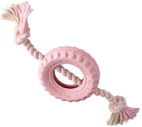 Pet Passion Natural Rubber Tire and Organic Cotton Rope Pull and Chew Dog Toy for All Pet Breeds, Blush, Small by PetPassion