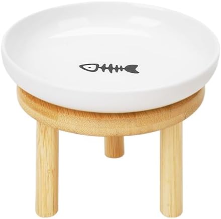 Shallow Elevated Cat Bowls with Bamboo Stand, 5.9 Inch Wide Ceramic Cat Dish Whisker Friendly,Pet Food and Water Plates by Lfpkixise