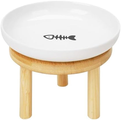 Shallow Elevated Cat Bowls with Bamboo Stand, 5.9 Inch Wide Ceramic Cat Dish Whisker Friendly,Pet Food and Water Plates by Lfpkixise
