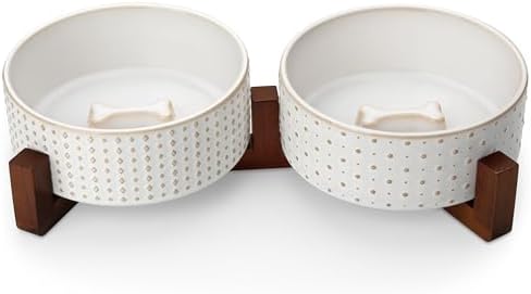 MALACASA Dog Bowl Set, Ceramic Bowls with Walnut Wood Stand, 4 Cups by MALACASA