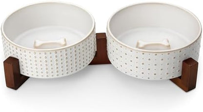 MALACASA Dog Bowl Set, Ceramic Bowls with Walnut Wood Stand, 4 Cups by MALACASA