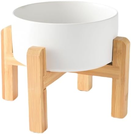 6'' Ceramic Raised Dog Bowl - 30Oz Dog Food & Water Bowl with Elevated Non-Slip Bamboo Stand, Dishwasher & Microwave Safe, Anti Vomiting Heavy Duty Pet Bowl for Small and Medium Dogs, White by Welloyed