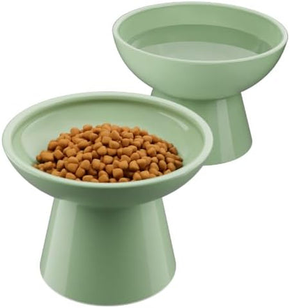 LoeJan Elevated Cat Food and Water Bowls Set, Extra Wide and Raised Ceramic Bowls, Anti-Vomit Whisker-Free Pressure Cat Feeder for Kittens to Adult Cats and Small Dogs by LoeJan