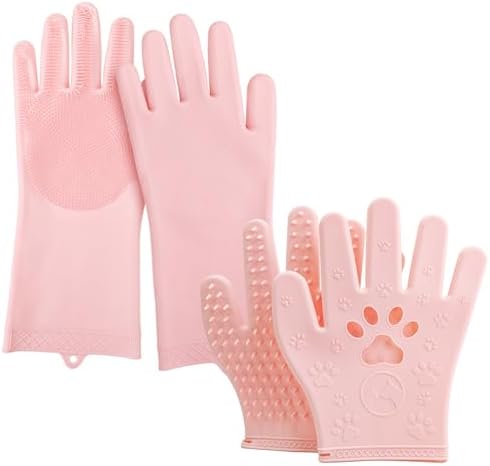 Hair Removal Glove & Pet Grooming Gloves 2 Pair, Upgrated Silicone Pet Hair Remover Gloves Shedding Glove for Long & Short Hair, Bath Grooming Glove with Gentle Brush for Horse Sensitive Pets, Pink by VynusioUS