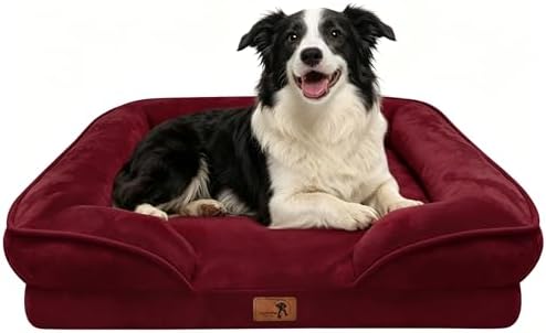 Spotted Play Orthopedic Dog Bed with Sides - Sofa Beds for Large Dogs, Supportive Foam Pet Couch Bed with Washable Removable Cover, Waterproof Lining and Non-Slip Bottom, Burgundy - L by Spotted+Play