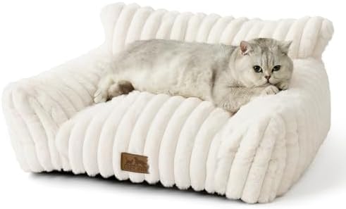 COZY KISS Cute Cat Couch, Fluffy Sofa Bed for Cats and Small Dogs, Premium Faux Rabbit Fur Cats beds for Indoor Cat, Ultra-Soft Supportive Pet Couch Furniture (Cream, S: 25.5''x17.5'') by COZYKISS