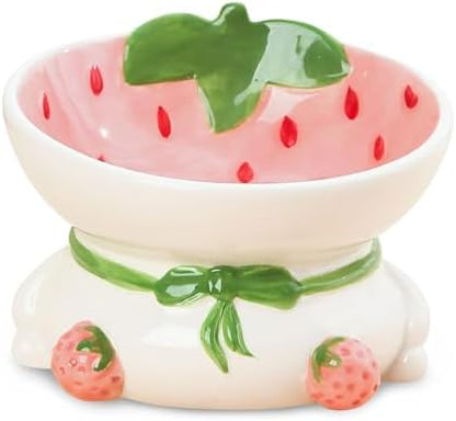 kathson Ceramic Raised Cat Bowl, 15° Tilted Elevated Cat Food Bowl, Raised Cat Food Bowls Anti Vomiting, Small Cat Feeding Bowlswith Stand for Protecting Spine, Strawberry Shaped Cute Kitten Bowl by kathson