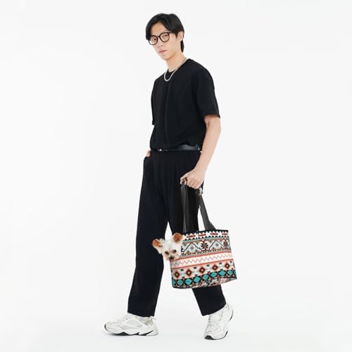 Dog Purse Carrier with Safety Hook - Foldable & Hands-Free Dog Cat Carrier Bag for Subway, Travel, Shopping up to 20lbs Aztec Style - Image 3