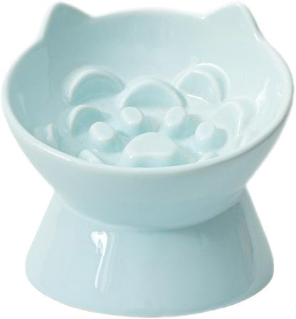 Macarons Series Ceramic Slow Feeder Cat Bowl, Raised Puzzle Feeder, Anti Vomiting Cat Slow Feeding, Elevated Food Bowl, Whisker Friendly Pet Bowl with Cute Ear Design (Blue) by LeServeta