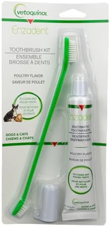 Vetoquinol Enzadent Enzymatic Toothpaste Kit + Fingerbrush & Dual-End Toothbrush for Cats & Dogs – 3.2 oz, Poultry Flavor – Oral Dental Care Kit: Removes Plaque, Polishes Teeth & Freshens Breath by Vetoquinol