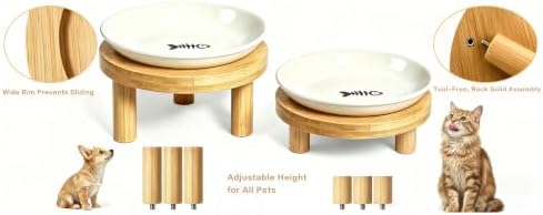 Shallow Elevated Cat Bowls, 2, White (Fish Bone), Bamboo Stand - Image 6