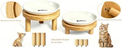Shallow Elevated Cat Bowls, 2, White (Fish Bone), Bamboo Stand - Image 6