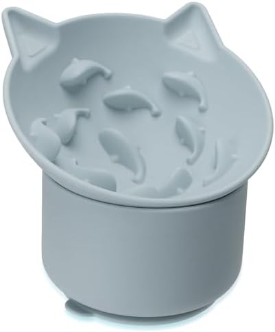Silicone Cat Slow Feeder, Elevated Slow Feeder Bowl Tilt Design, Suitable for Dry and Wet Food, Adjustable Angle, Cat Food Puzzle with Suction Cup(Gray) by Bikabpet