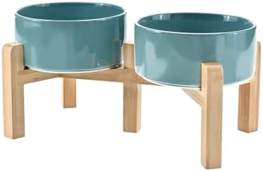 SPUNKYJUNKY Elevated Dog Bowls Ceramic, 6.1'' Dogs and Cat Food Water Bowls Raised with Non-Slip Bamboo Stand for Medium Sized Breed Microwave Dishwasher Safe - 28.7 OZ,Dark Green by SPUNKYJUNKY