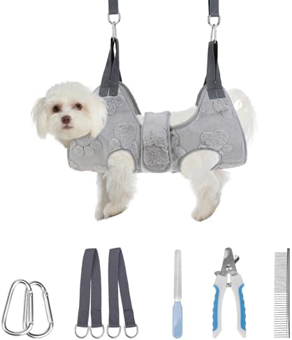PAWCHIE Dog Grooming Hammock Harness for Dogs & Cats with Pet Nail Clipper Trimmer,Cat Hanger Sling for Trimming Clipping Nails,Warm Plush Dog Hammock Restraint Bag for Small Medium Large Dogs,Grey XS by PAWCHIE