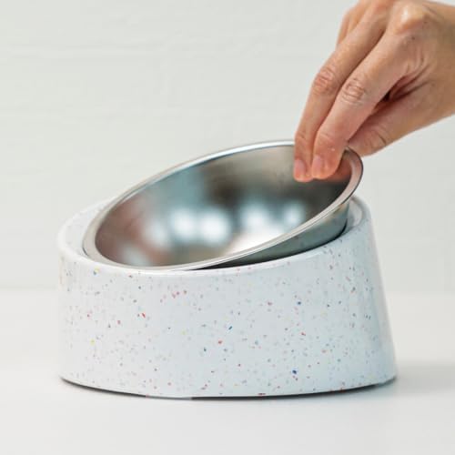 bzyoo 16oz Tilted Dog Bowl for Small Dogs & Cats, 15° Elevated Stainless Steel Pet Feeder, Ergonomic Anti-Vomiting Food Bowl for Frenchie, Pug, Persian Cat, Non-Skid Melamine Stand, Sprinkle (White) by bzyoo