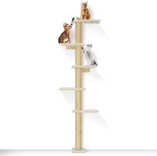 PAWSCRAT 5-Tier Wall-Mounted Cat Tree, 80-Inch Sisal Post, Beige by PAWSCRAT