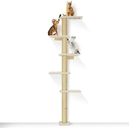 PAWSCRAT 5-Tier Wall-Mounted Cat Tree, 80-Inch Sisal Post, Beige by PAWSCRAT