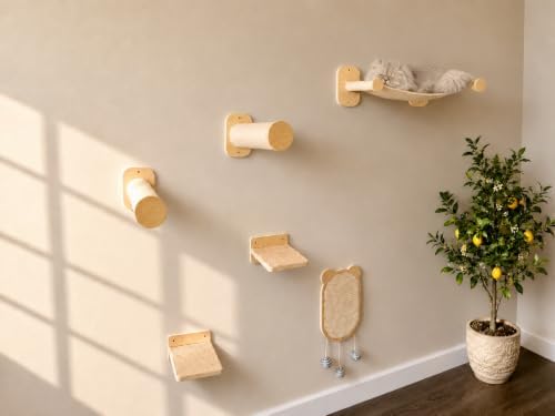 Cat Wall Shelves 6-in-1 Wall Mounted Cat Furniture with Perch & Hammock, Wooden Climbing Shelves with Scratching Post Pad, Space-Saving Climbing Tower for Indoor Cats - Image 2