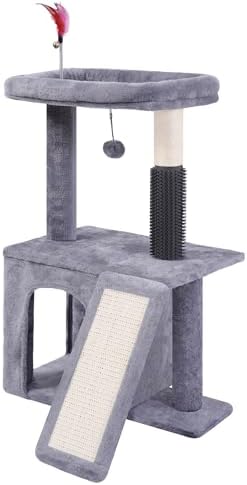 Cat Tree with Self-Grooming Brush and Interactive Toys, Cat Tree Tower for Indoor Cats, Cat Tower with Sisal Scratching Post and Scratching Pads, Cat Condo with Padded Perch, Grey - Image 3