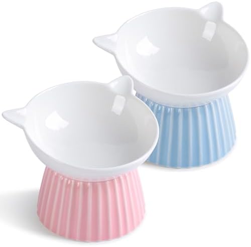 Ceramic Raised Cat Bowl，Tilted Raised Bowl Anti Vomit Bowls for Indoor Cats Whisker Friendly Pet Feeder for Cats Puppies, Microwave and Dishwasher Safe by Wellbro