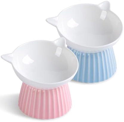 Ceramic Raised Cat Bowl，Tilted Raised Bowl Anti Vomit Bowls for Indoor Cats Whisker Friendly Pet Feeder for Cats Puppies, Microwave and Dishwasher Safe by Wellbro