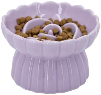 Ceramic Cat Slow Feeder, Raised Slow Feeder Cat Bowl, Anti Vomiting and Whisker Friendly Kitty Dish, Elevated Puppy Kitten Food Bowl for Dry and Wet Food (Purple) by Vitisyao