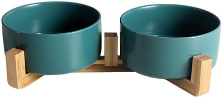 Dog Food Bowl Set, 28.7 oz Ceramic Bowls with Wood Stand, Green by OniAnt