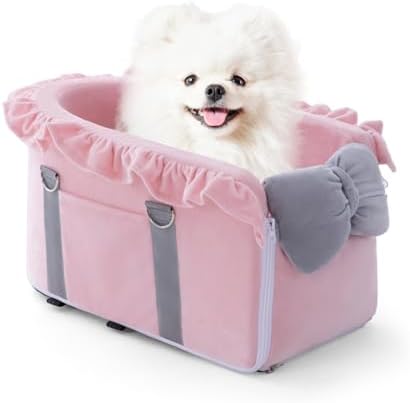 Jaoul Dog Car Seat for Small Dogs - Fully Detachable with Adjustable Straps Center Console Dog Car Seat - Comfortable Bow Design Pet Seats - Portable Pet Booster for Puppy, Cat (Pink Gray) by Jaoul