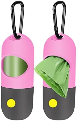 2 Pack Dog Poop Bag Dispenser with Built-in LED Flashlight, Pet Waste Bag Holder for Leash with Carabiner Clip for Lead Leash, 2 Rolls Leak-proof Doggy Waste Bags for Dog Walking, Pink, Eliamo by Eliamo