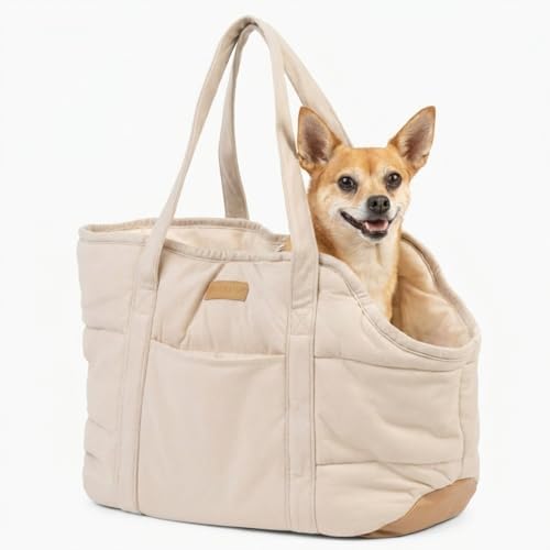Plush Dog Purse Carrier for Small Dogs, Soft Tote Bag with Safety Harness Clip, Cozy Pet Carrier for Dogs Under 15 lbs, Comfortable Dog Shoulder Carrier for Travel, White 2.0 by NOBLEPUP