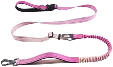 Hands Free Dog Leash for Large Medium Dogs Heavy Duty Bungee Reflective Adjustable Waist Leashes for Walking Running with Car Buckle 4-6FT (Rose) by KUBEMUEG