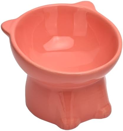 Ceramic Raised Cat Bowls ,Tilted Elevated Cat Food Bowl for Indoor,Anti Vomiting & Protect Pet's Spine ,Pet Feeder Dish for Flat Faced Cats and Kitten (Pink) by BUYNEED
