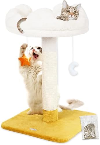 Happi N Pets Tall Cat Scratching Post with Large Bed, Thick Posts with Toys by HappiNPets